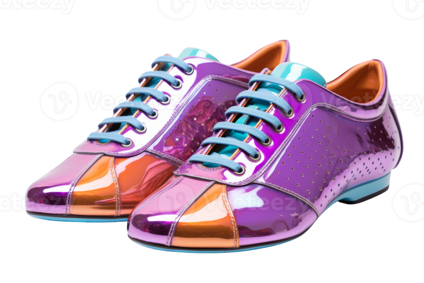Two shoes with a purple and blue strap. The shoes are shiny and colorful png