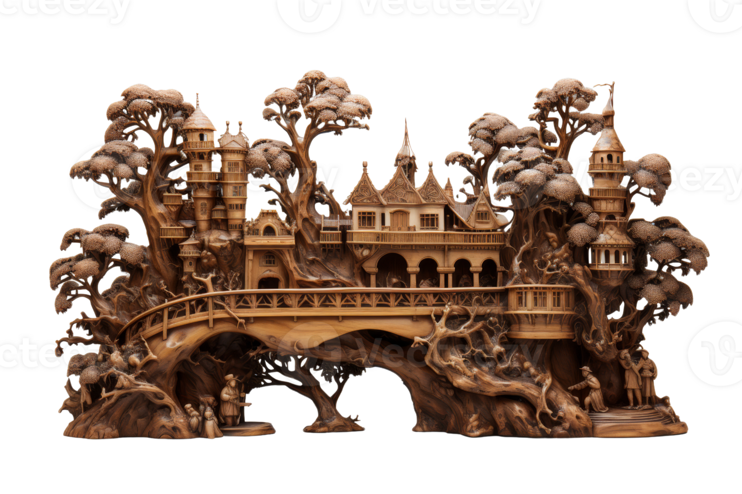 A wooden sculpture of a bridge with a village on the other side. The bridge is decorated with trees and the village has a lot of detail png