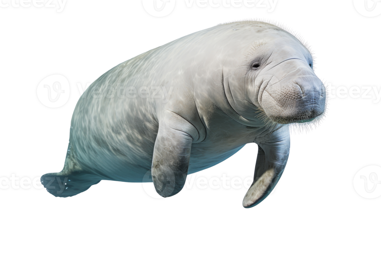 A large white manatee is swimming in the ocean. The manatee is the largest of the sea cows, and it is a gentle and peaceful creature. Concept of calm and serenity png