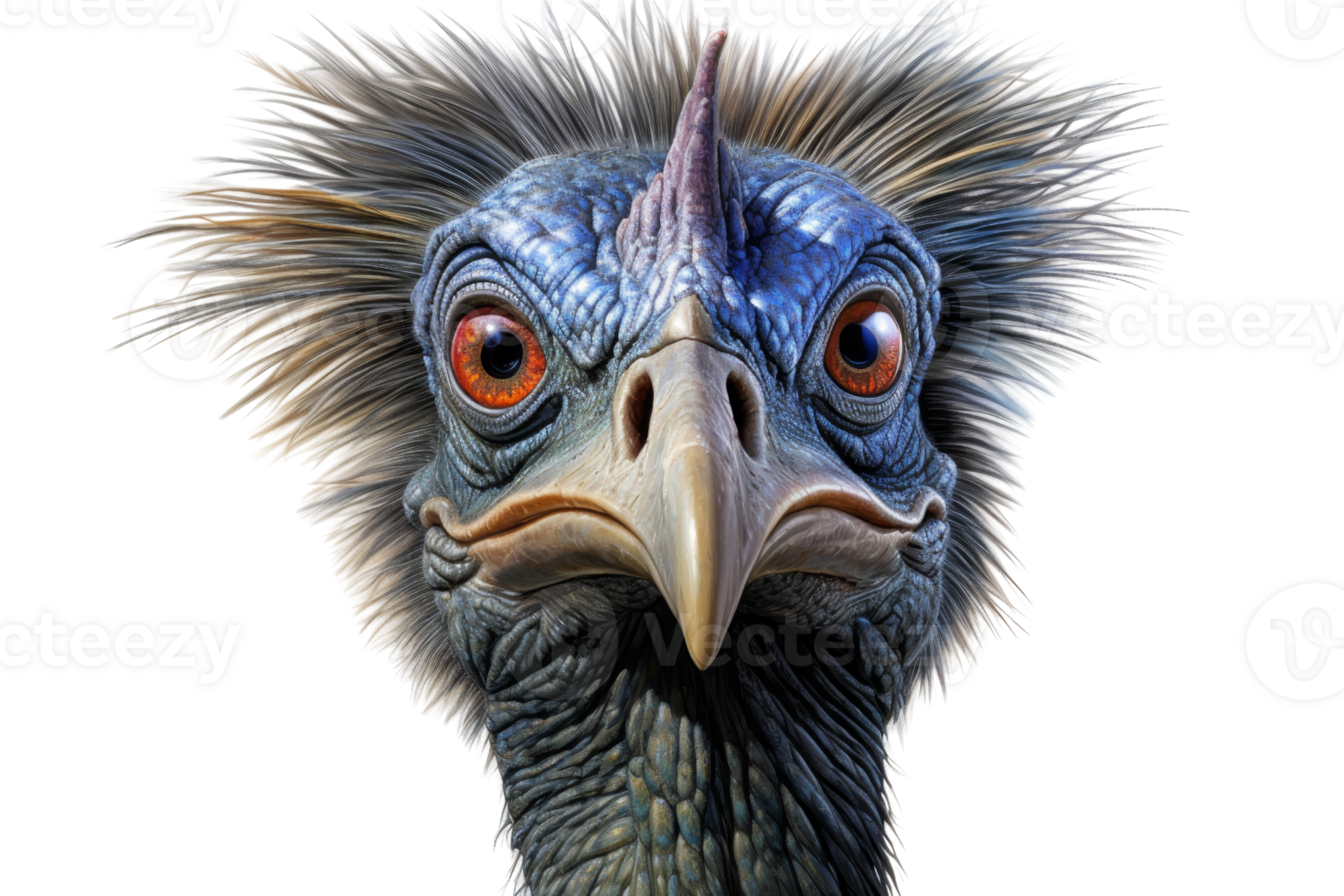 A bird with a blue beak and red eyes. The bird has a funny expression on its face png