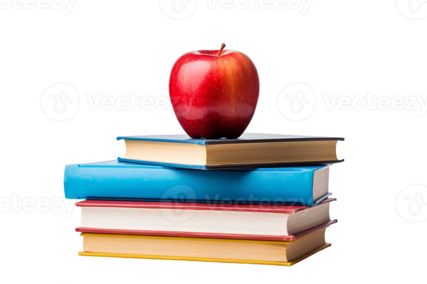 A stack of books with a red apple on top. The apple is positioned in the middle of the stack, with the books on either side. Concept of education and learning, as the apple png