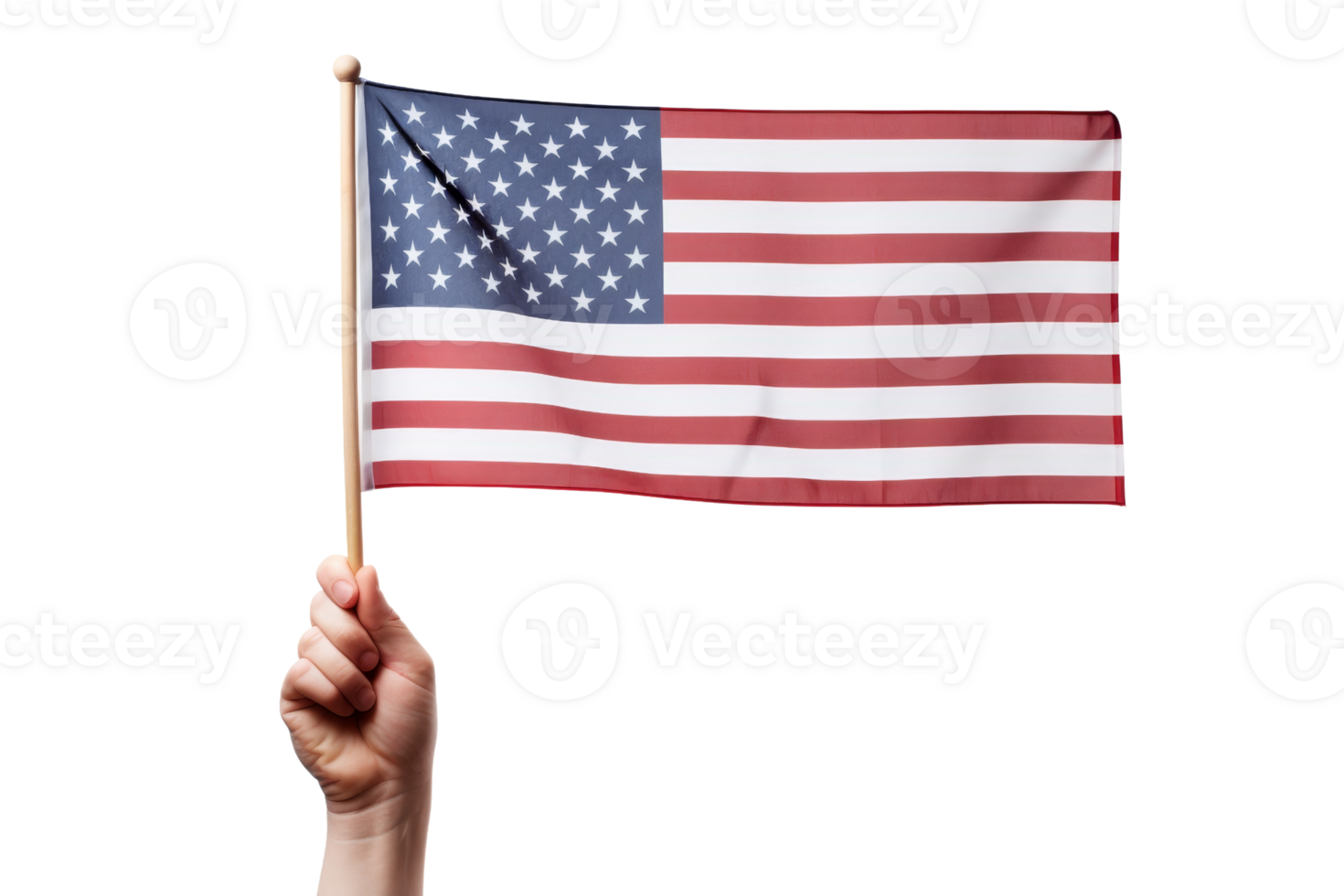 A person holding a wooden pole with a red, white, and blue American flag. The flag is waving in the wind png
