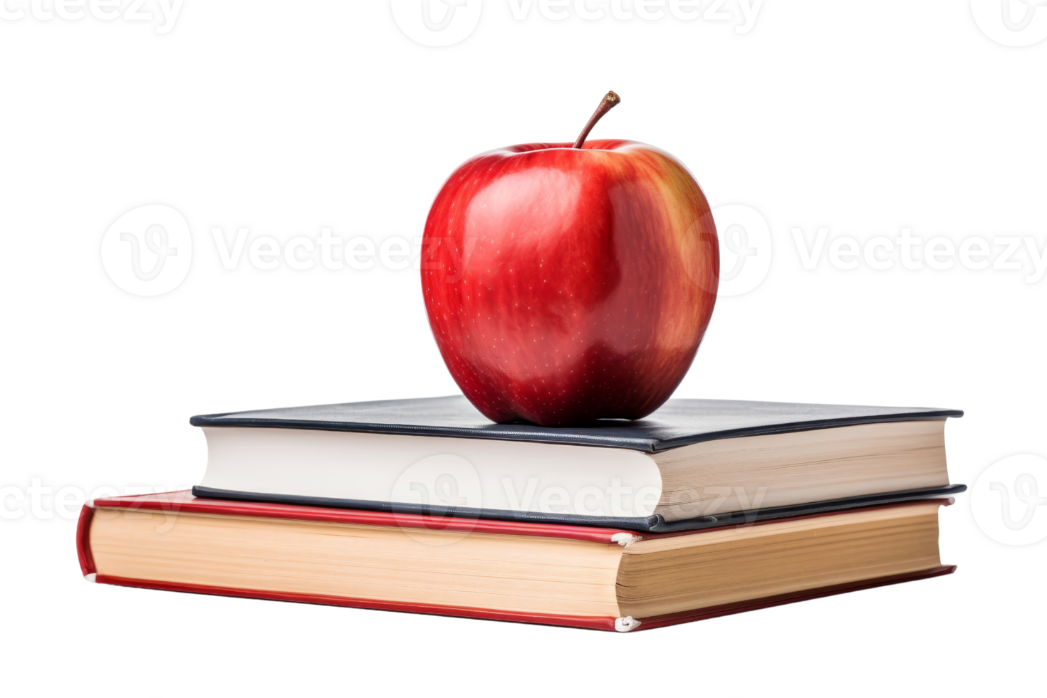 A red apple sits on top of two books. The apple is the center of attention and the books are stacked on top of each other. Concept of balance and harmony, as the apple png