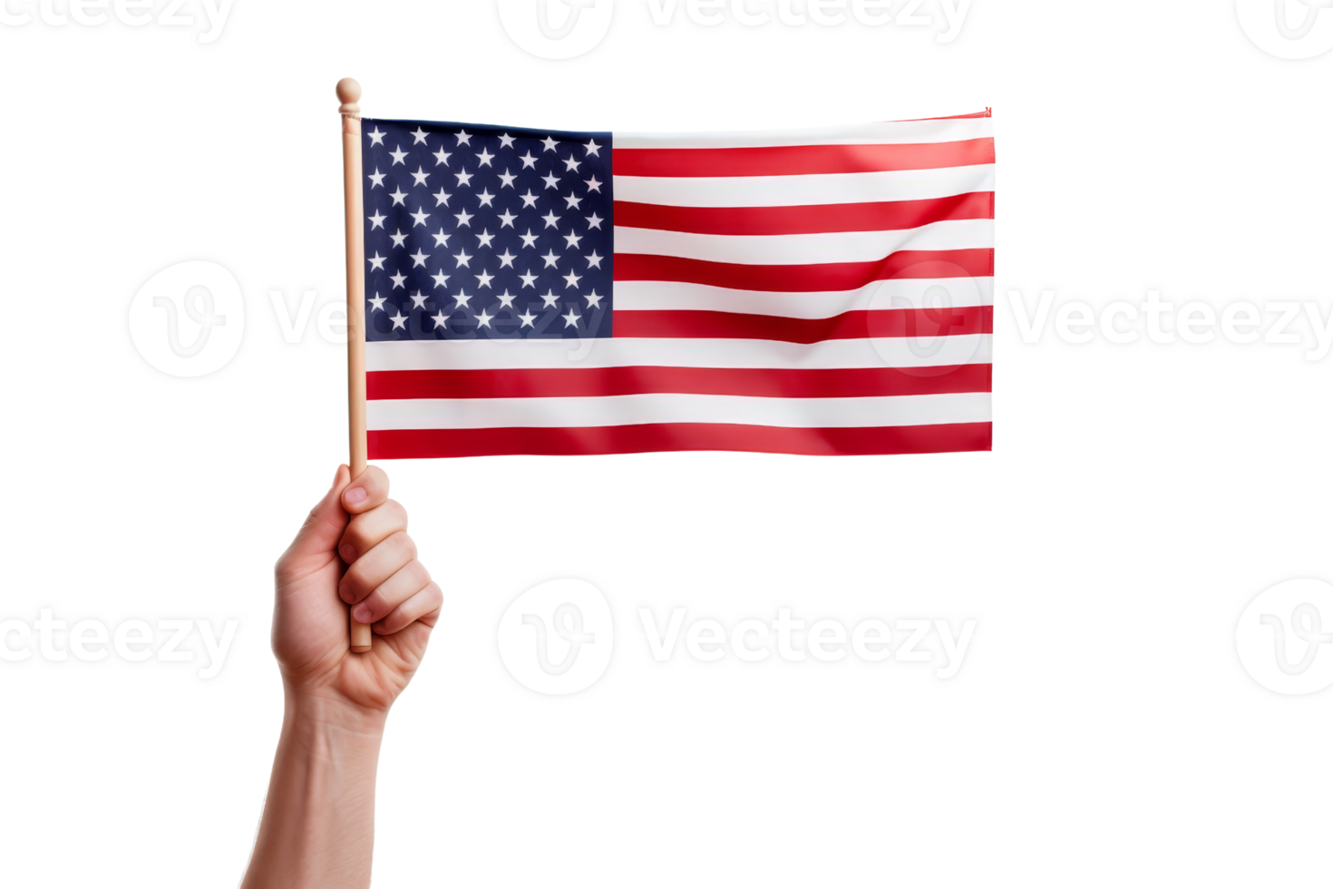 A hand holding a wooden pole with a red, white, and blue American flag. The flag is waving in the wind png