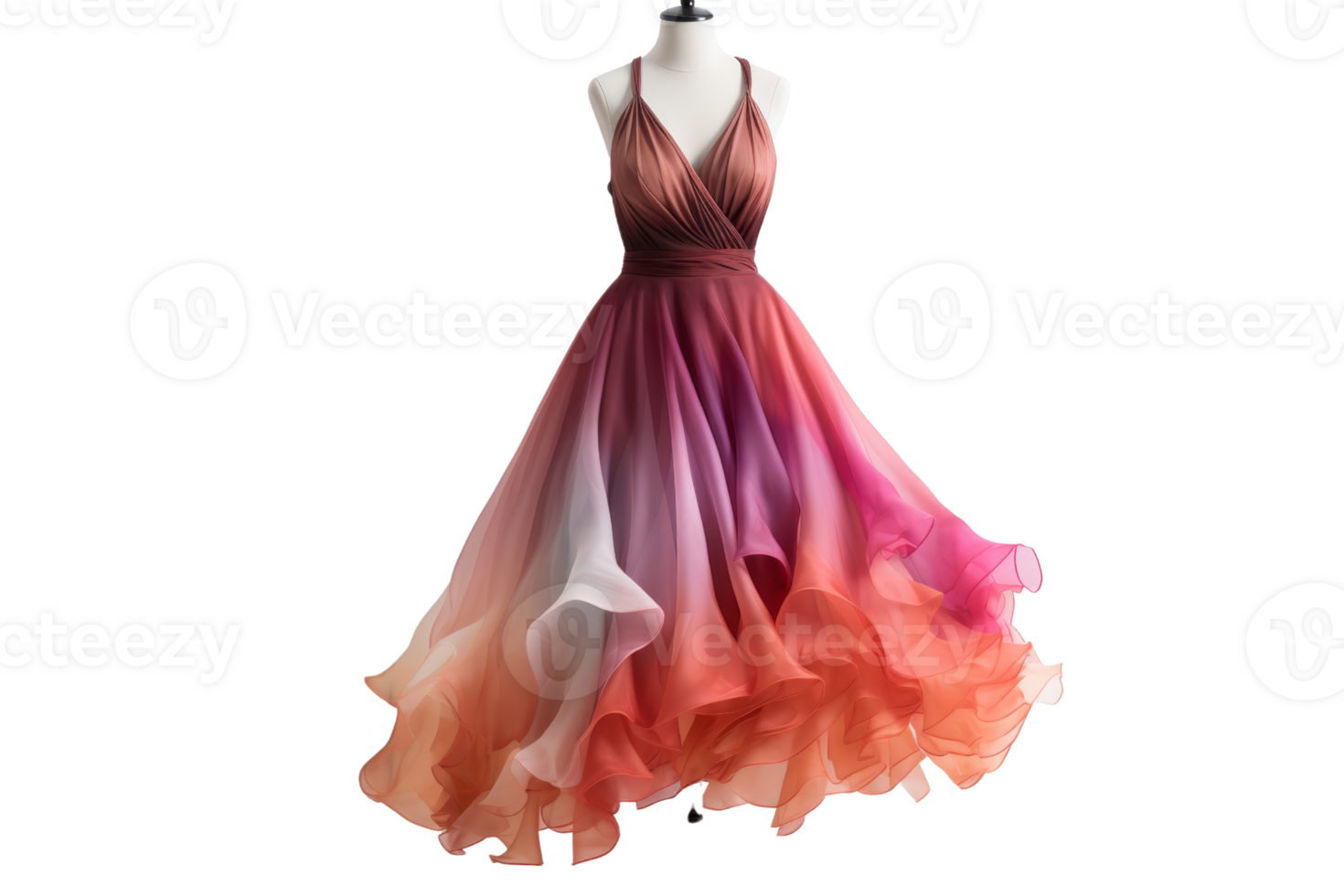 A dress with a long train and a pink, orange and purple color scheme. The dress is flowing and has a flowy, elegant look png