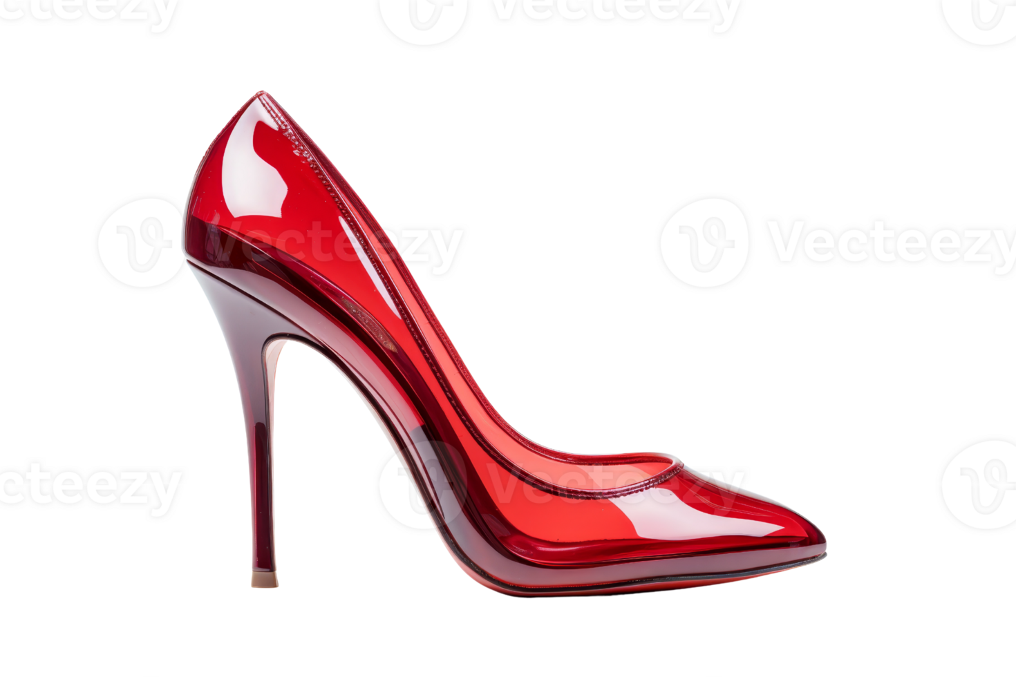 A red high heel shoe with a red sole. The shoe is made of clear plastic and has a red stripe png