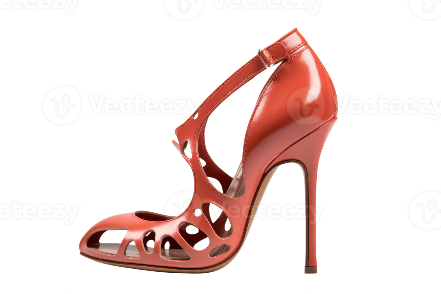 A red high heel with a lace up strap. The shoe is open at the top and has a lace up strap png