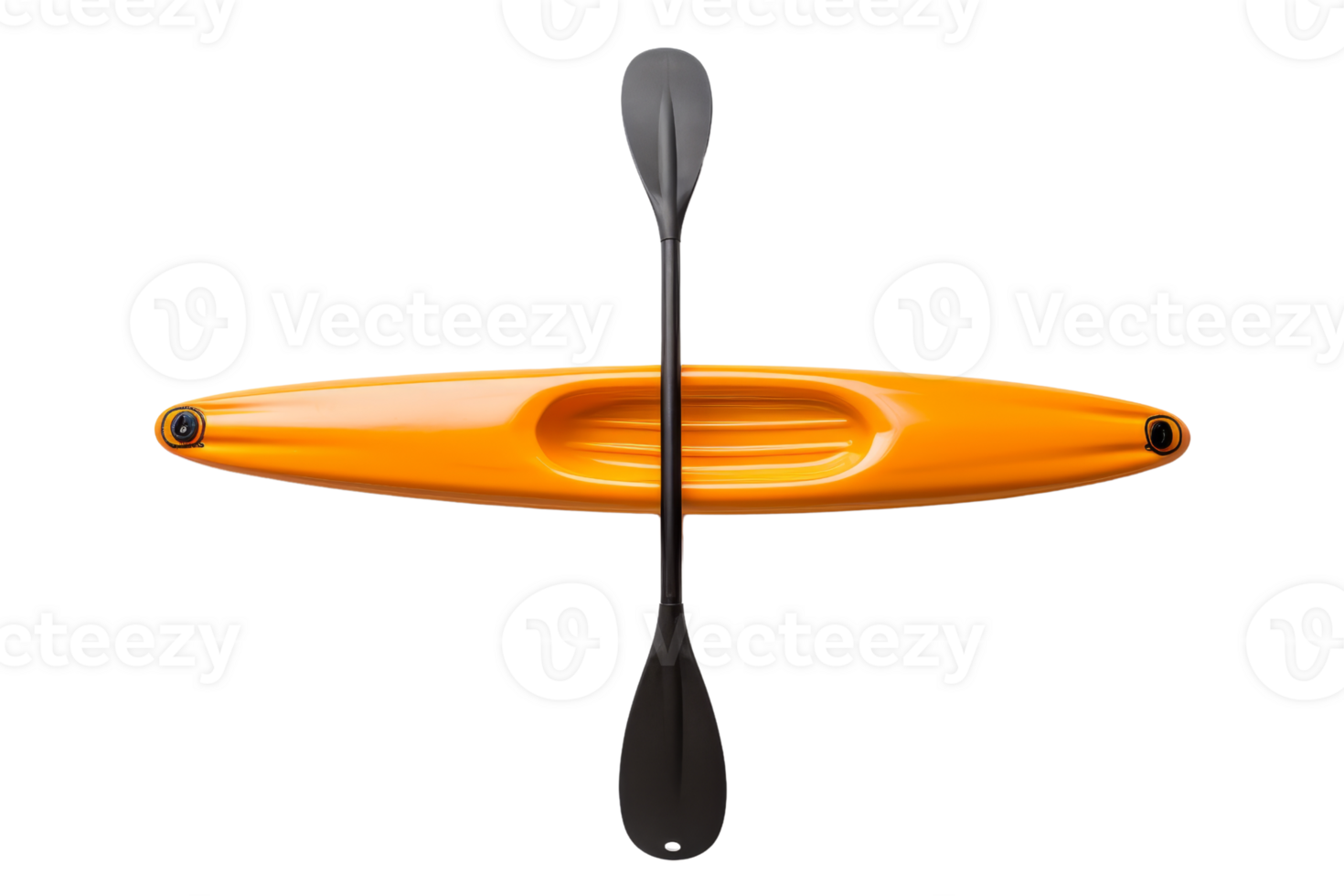 Top view of an orange kayak with a black paddle isolated on a transparent background. perfect for water adventure and sports themes. png