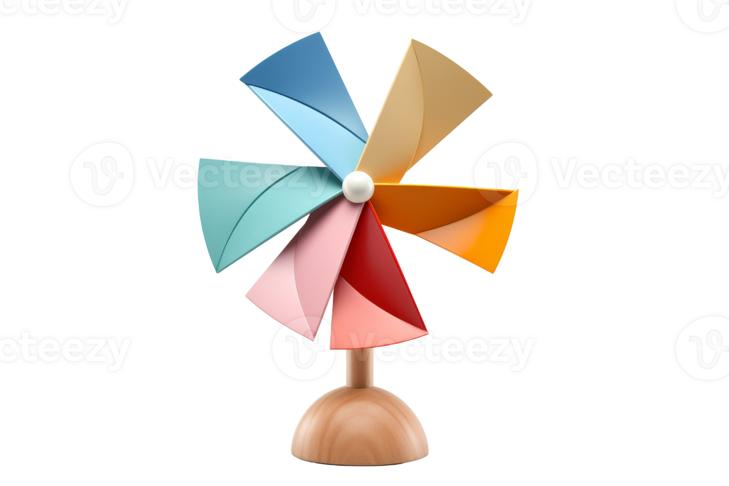 Colorful toy pinwheel captured in front view. Wooden base and vibrant multicolored blades create a playful and charming aesthetic. png