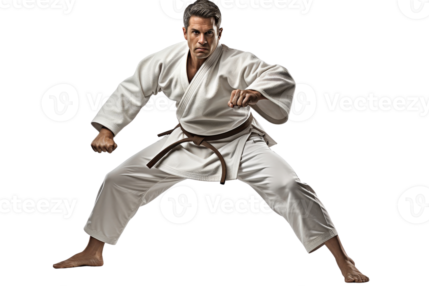 A man in a white uniform is in a martial arts pose. The pose is powerful and confident, conveying a sense of strength and determination png