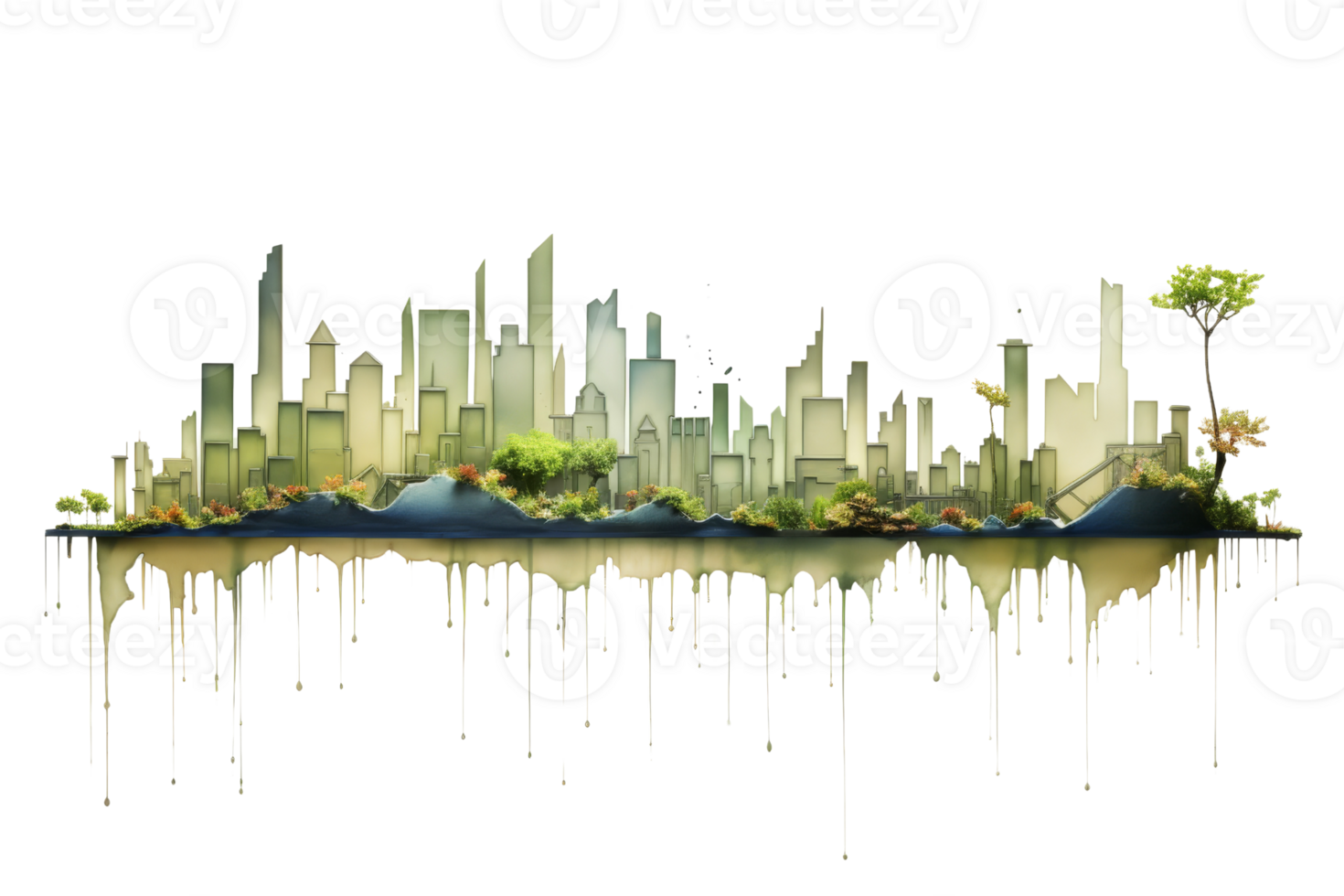 A city skyline with a tree in the middle. The city is green and the sky is white png