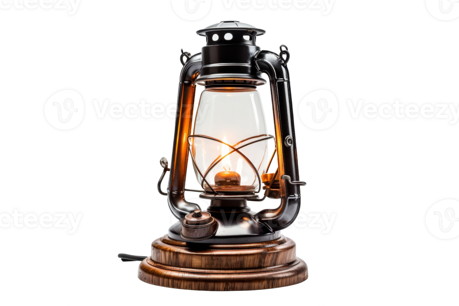 A lantern with a candle inside of it. The candle is lit and the lantern is on a wooden base png