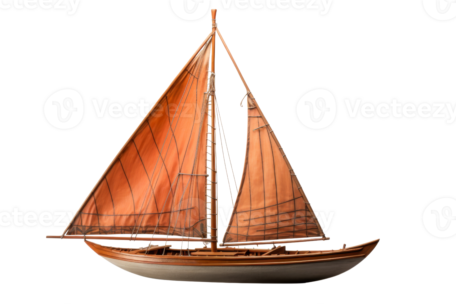 Detailed photo of a vintage sailboat with orange sails. Perfect for themes of navigation, sailing, and maritime history. png