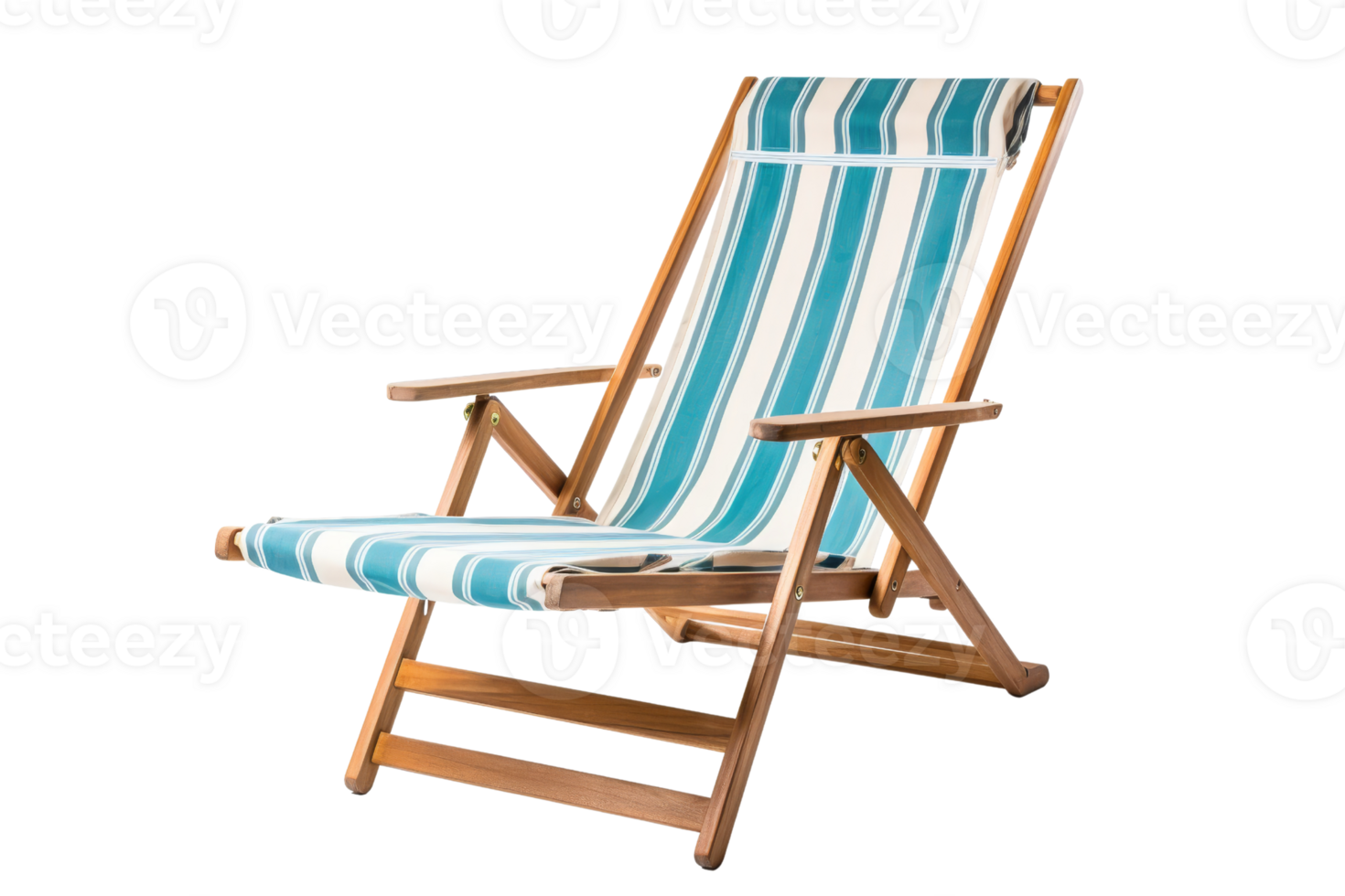 Wooden deck chair with blue and white striped fabric, isolated on transparent background. Ideal for outdoor relaxation, beach, or patio. png