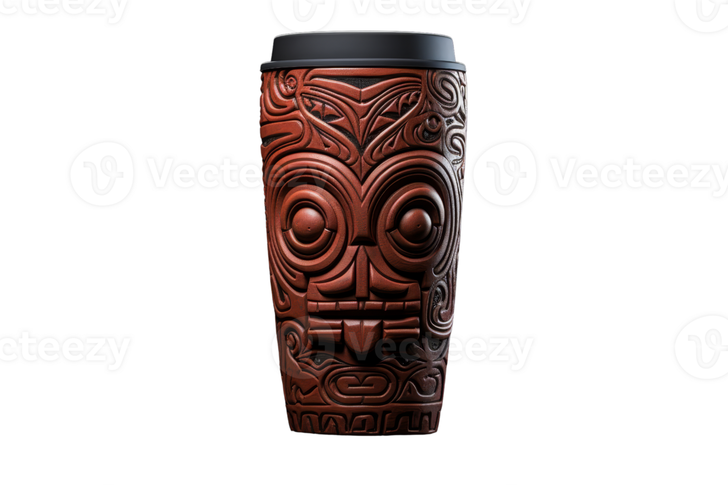 Intricately designed wooden tumbler with tribal patterns, perfect for coffee enthusiasts and art lovers. Unique and functional piece for daily use. png