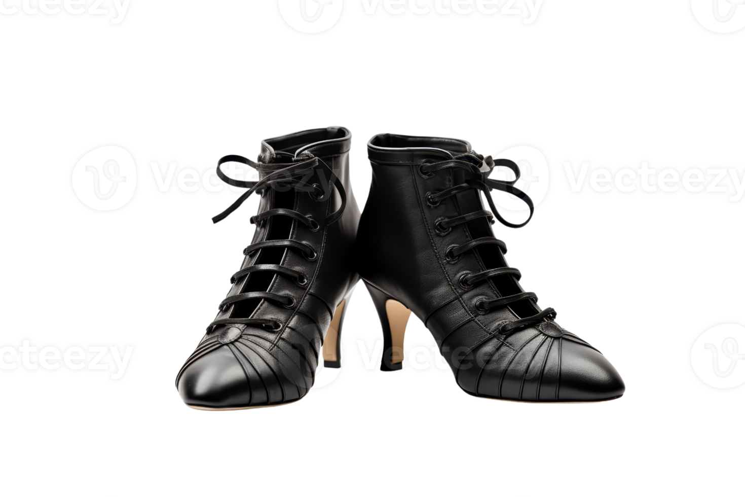 Elegant black leather lace-up ankle boots with pointed toes and high heels, perfect for stylish and sophisticated fashion statements. png