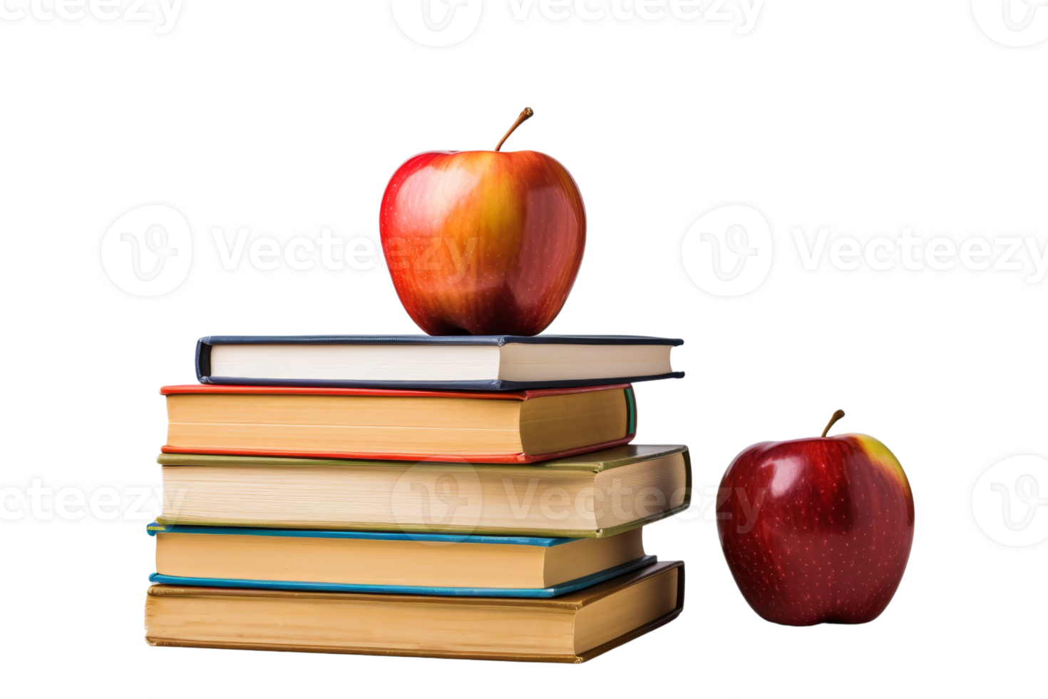 A stack of books with an apple on top. The apple is red and green. The books are stacked on top of each other png
