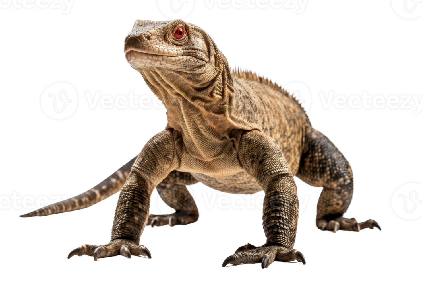 Close-up image of a brown iguana. The reptile is captured in great detail, showcasing its textured skin and sharp claws against a transparent background. png