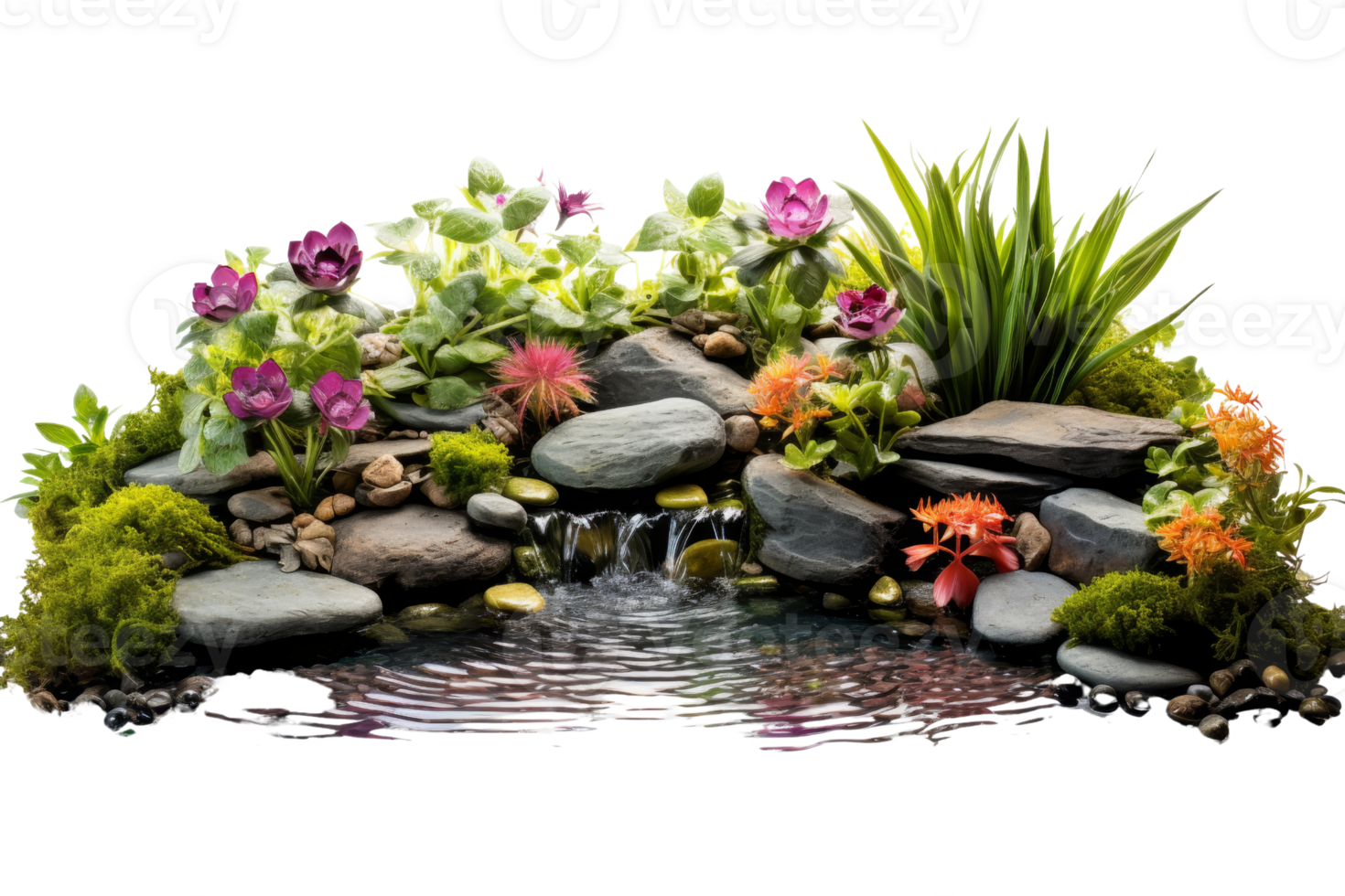A rock garden with a small waterfall and a pond. The pond is surrounded by rocks and plants, including purple flowers png