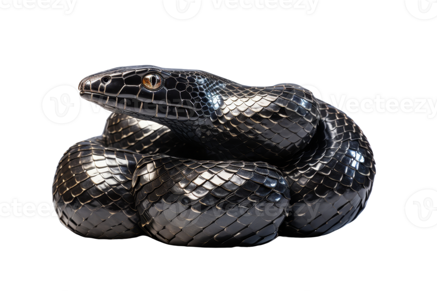 Close-up of a sculpture of a black snake, crafted with realistic details and glossy surface. Perfect for art and wildlife-themed collections. png