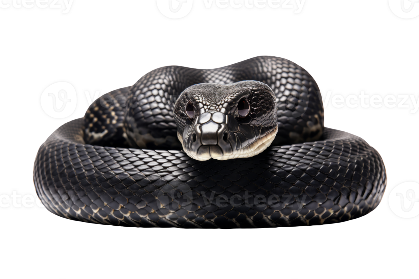 Close-up of a coiled black snake showcasing its scales and intricate pattern on a transparent background. Perfect for wildlife and nature photography. png