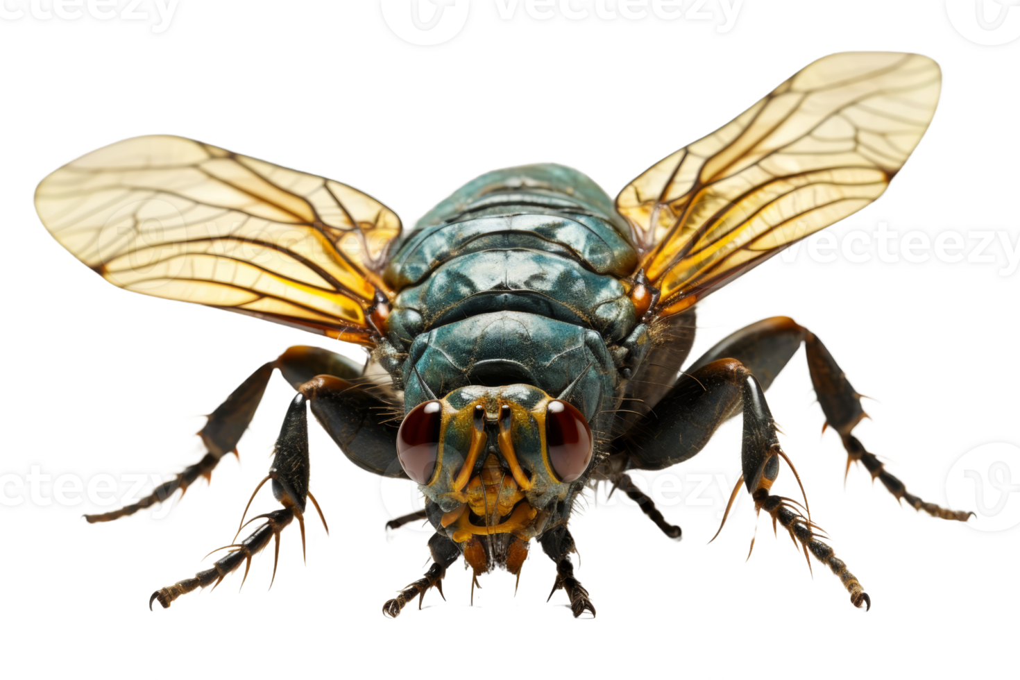 Close-up macro shot of a common housefly with detailed wings and body against a transparent background. showcasing its intricate features. png