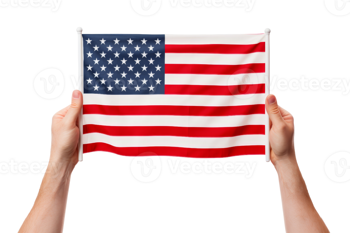 A person is holding a red, white, and blue American flag. The flag is waving in the air, and the person is holding it up to show it off. The flag represents the United States and its values png