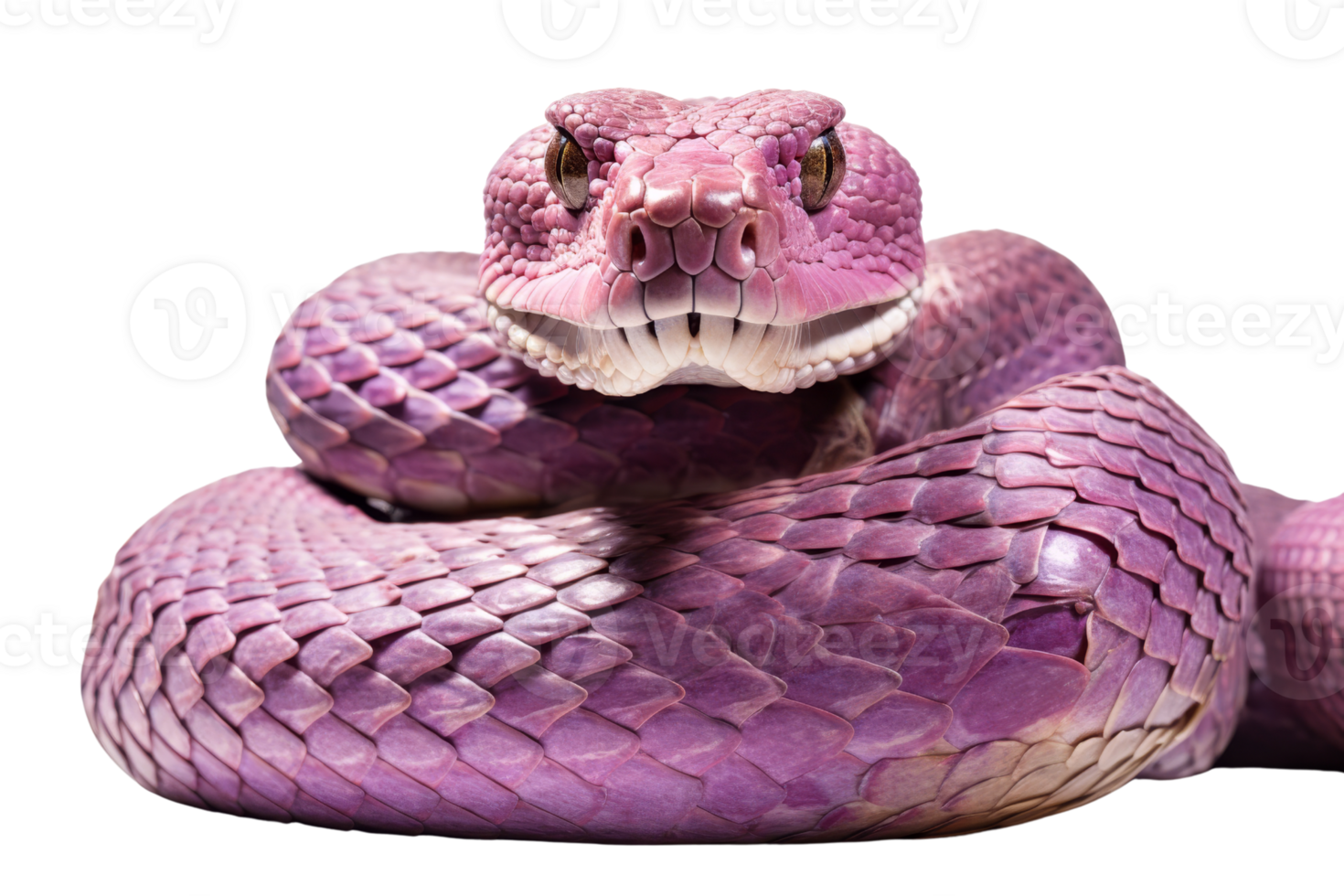 Close-up of a vibrant pink coiled snake with intricate scale patterns, perfect for animal and wildlife-themed projects. png