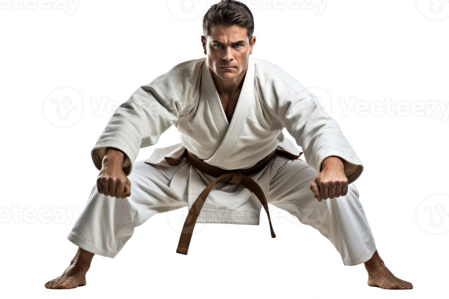 A man in a white uniform is posing for a picture. He is wearing a belt and has his hands on his hips. Concept of strength and determination png