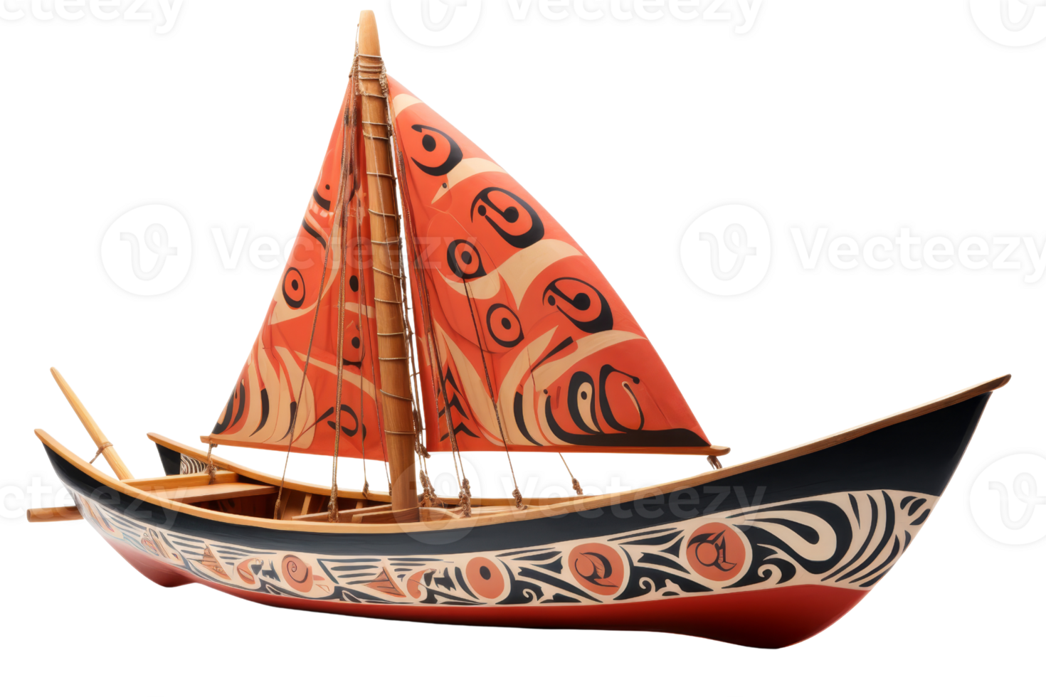 A small boat with a red sail and black trim. The boat is painted with a lot of detail and has a unique design png