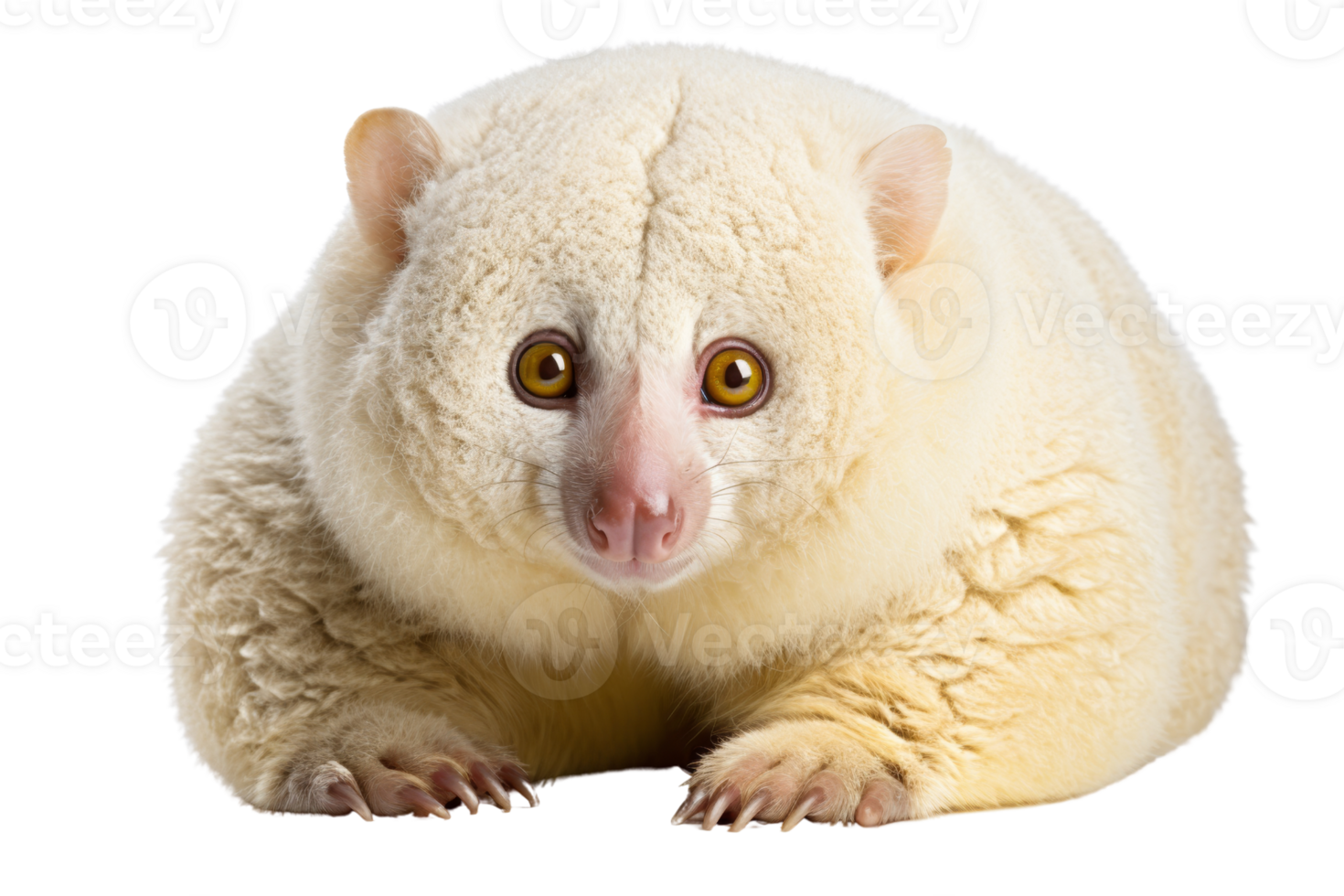 Close-up of a fluffy white possum with adorable round eyes, isolated on transparent background. png