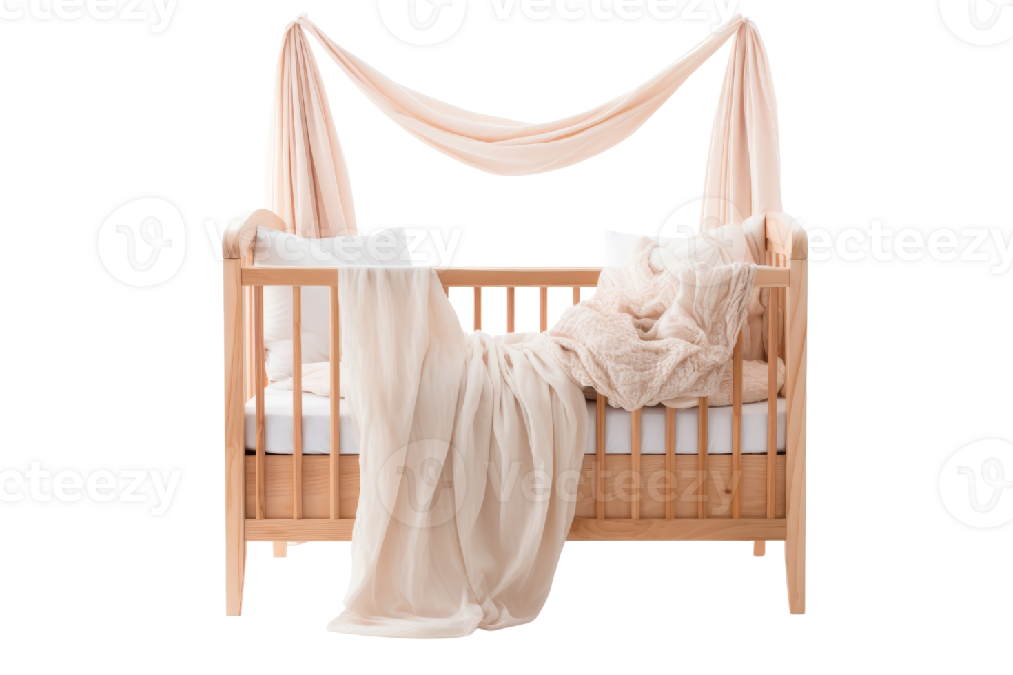 A wooden crib with a white canopy and a white blanket draped over it. The crib is empty and the blanket is covering the entire bed png