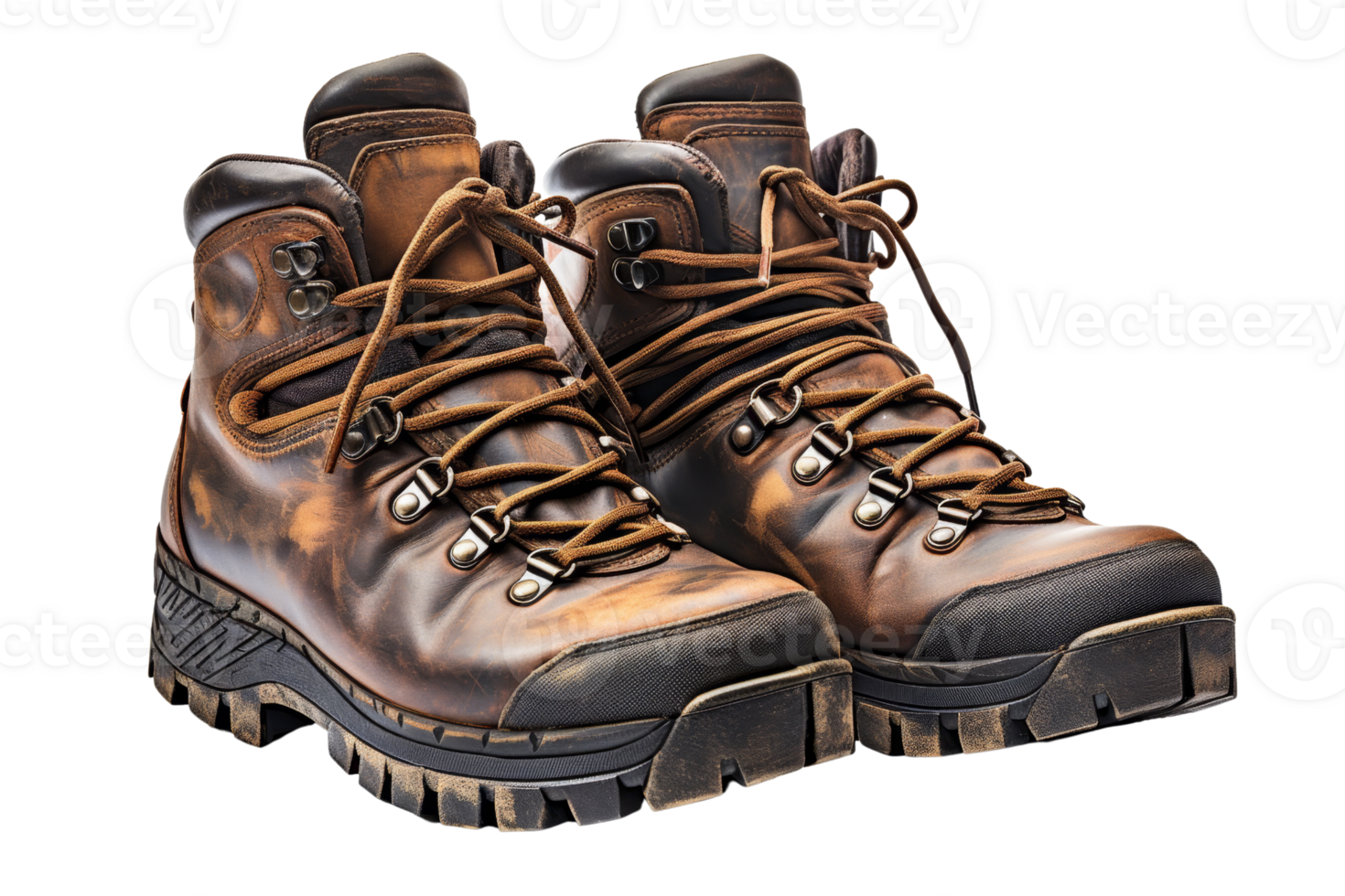 Two brown hiking boots with laces. The boots are worn and dirty. The boots are made for hiking and are designed to keep the feet warm and dry png