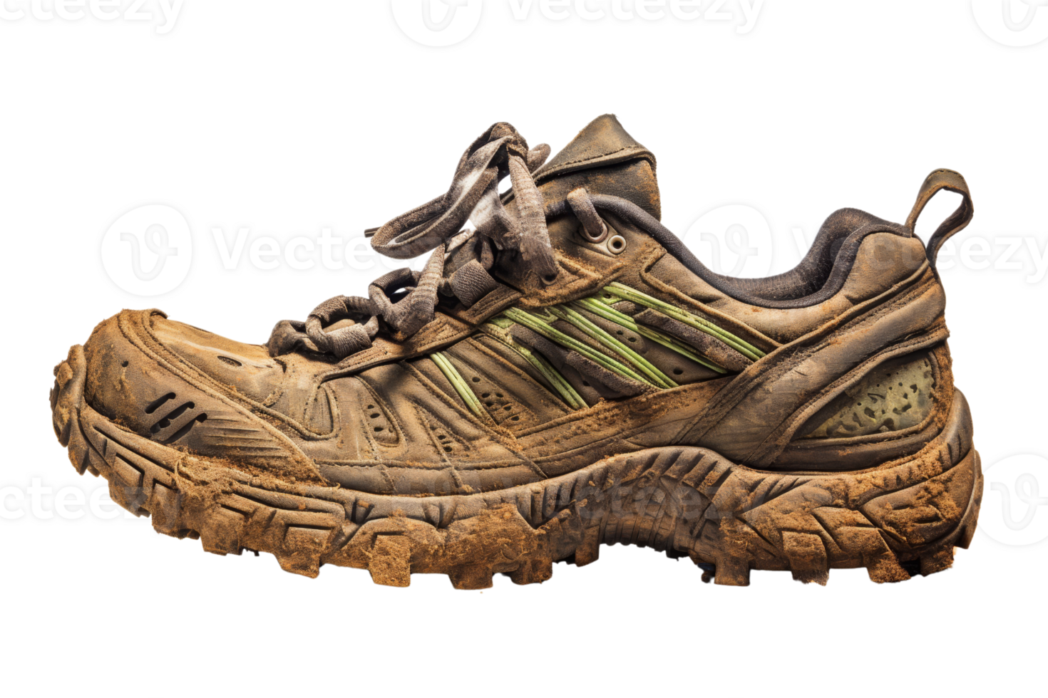 A dirty, muddy shoe with a green stripe png
