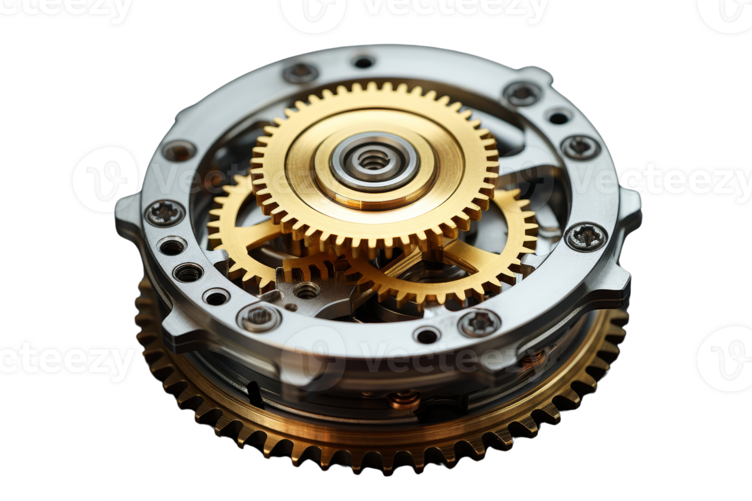 A close up of a clock's inner workings. The gears are gold and silver. Concept of precision and complexity png