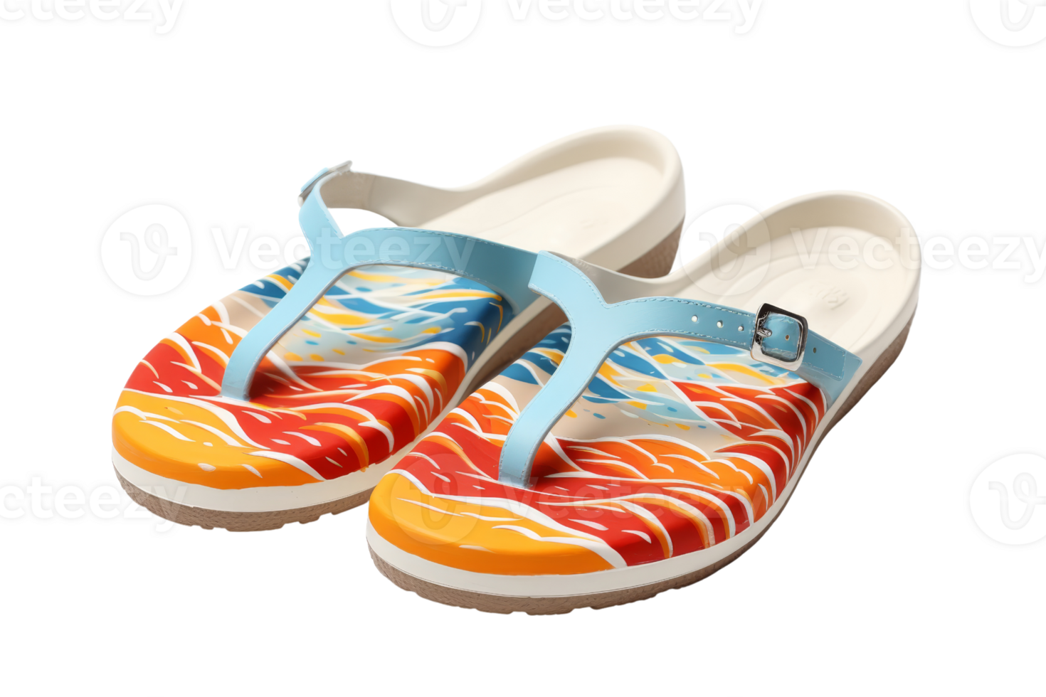 A pair of flip flops with a colorful design on them. The design features a wave pattern with a splash of red, yellow, and blue. The flip flops are made of a soft, comfortable material png