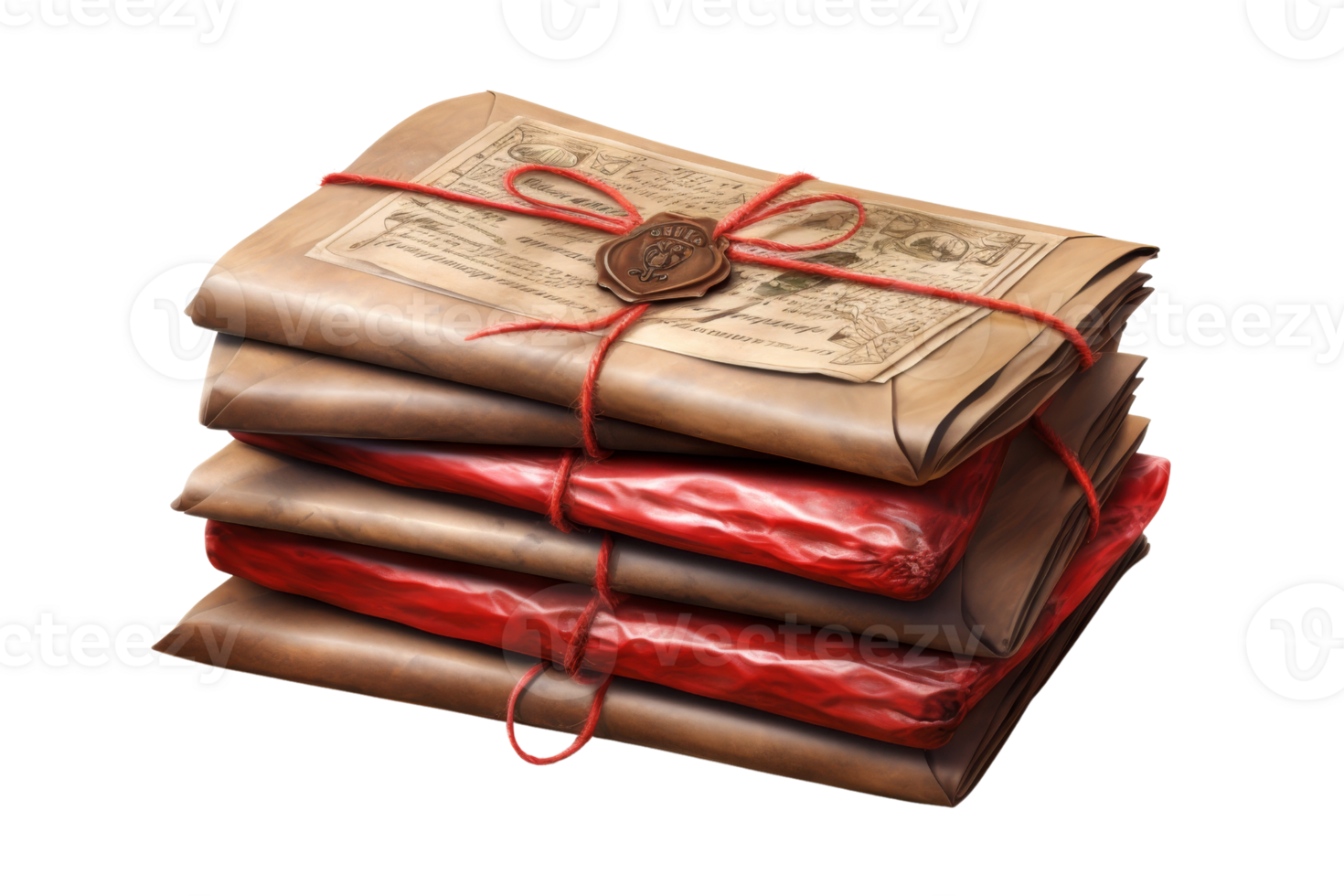 A stack of old papers with red wax seals and red ribbons png