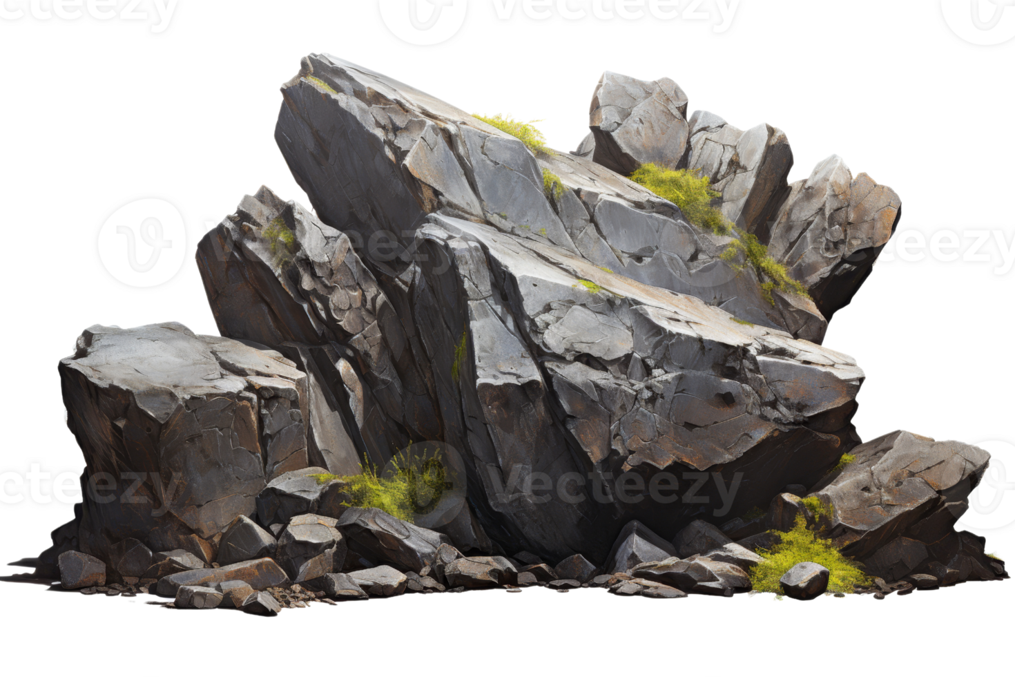 A large rock formation with moss growing on it. The moss gives the rocks a more natural and organic appearance. Concept of ruggedness and strength, as well as the beauty of nature png