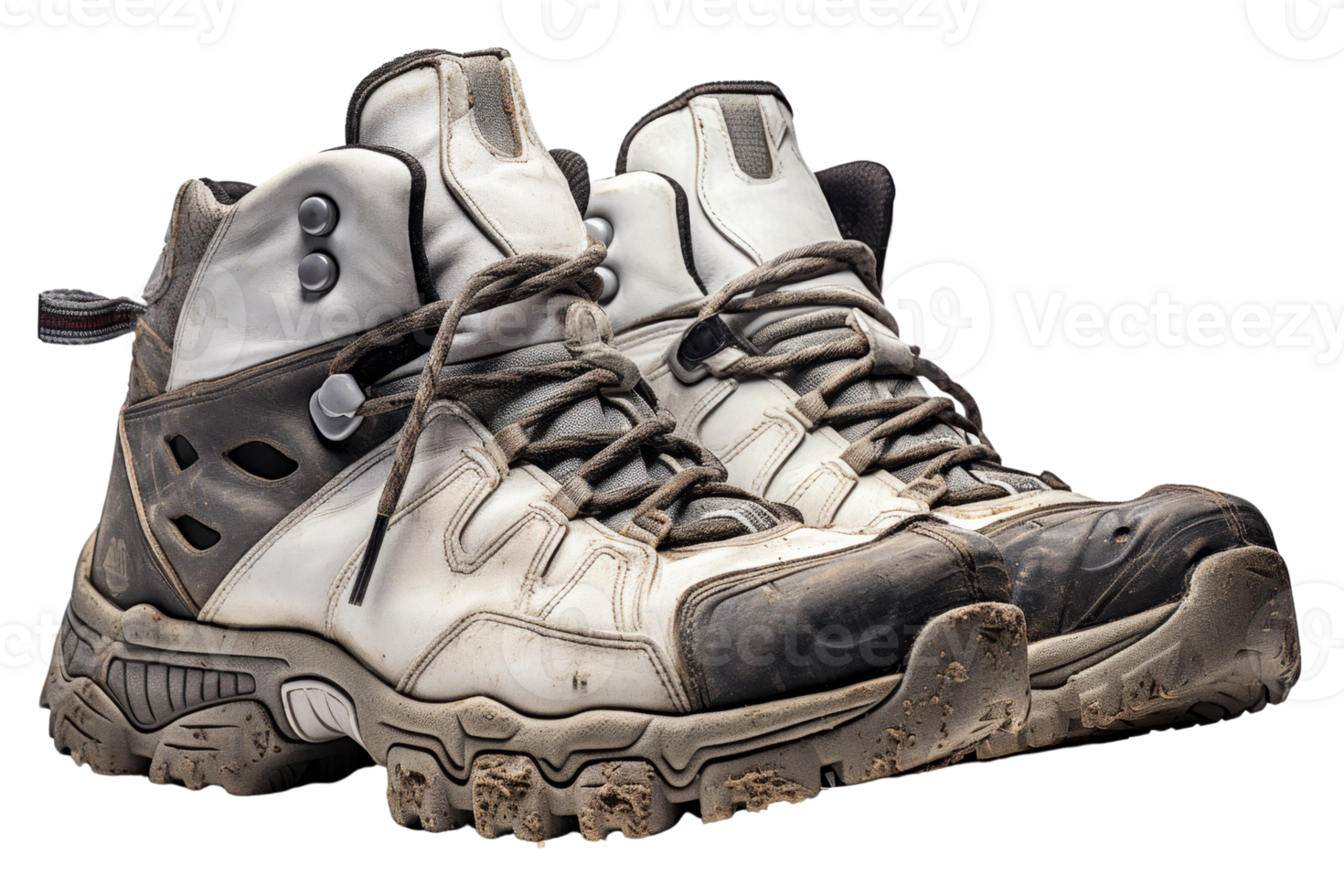 Two dirty hiking boots with laces. The boots are worn and dirty, but still functional. Concept of adventure and exploration png