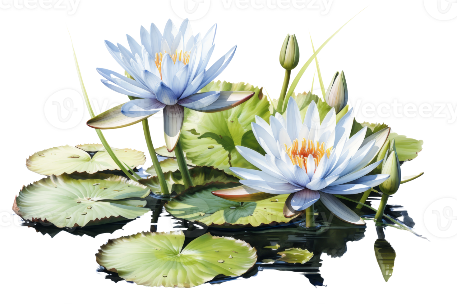 Two blue flowers are floating on a pond. The flowers are surrounded by green leaves and the water is calm. Concept of tranquility and serenity png