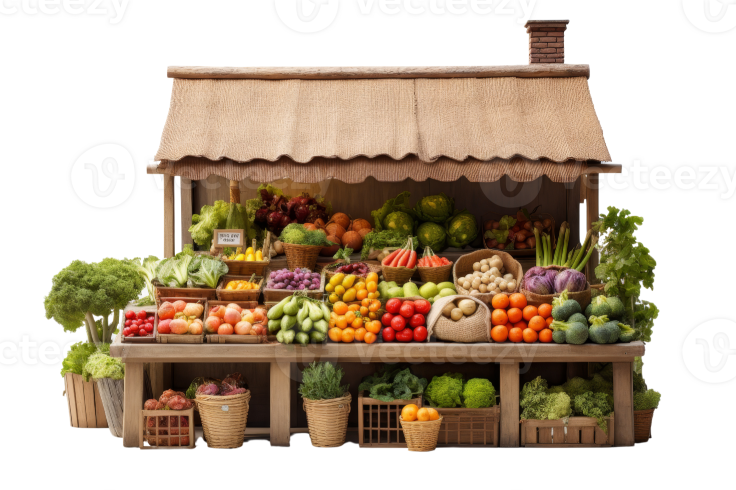 A colorful market with a variety of fruits and vegetables. The market is set up in a small wooden building with a roof. The produce is displayed in baskets and crates png