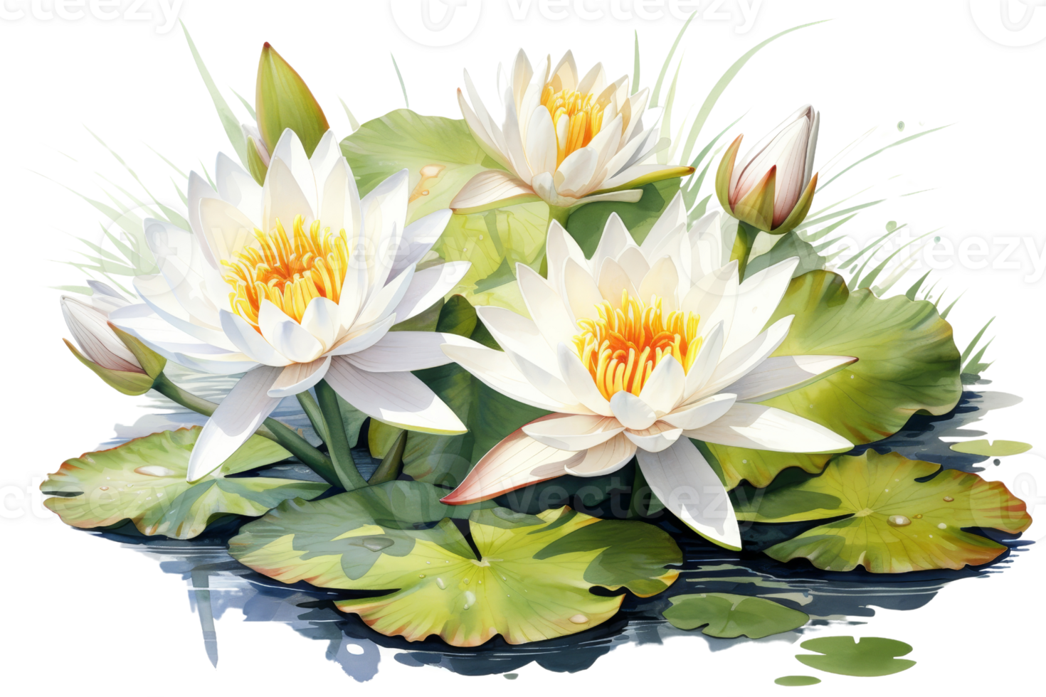 A group of white flowers with yellow centers are arranged in a vase. The flowers are surrounded by green leaves and grass, creating a peaceful and serene atmosphere. Concept of calm and tranquility png