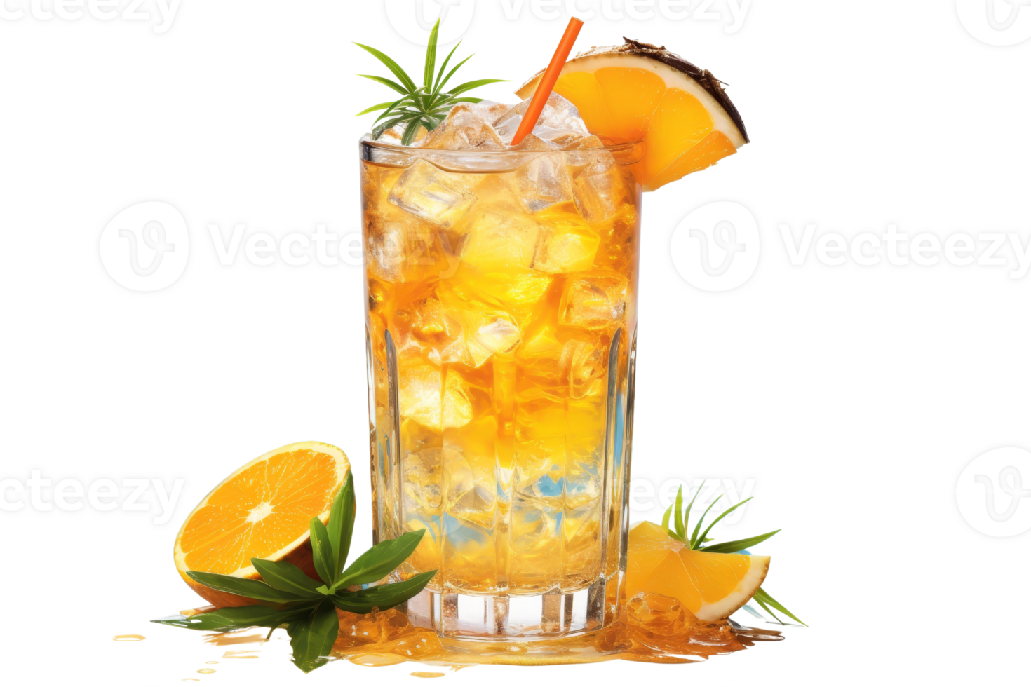 A glass of tea with a straw and a slice of orange on top png