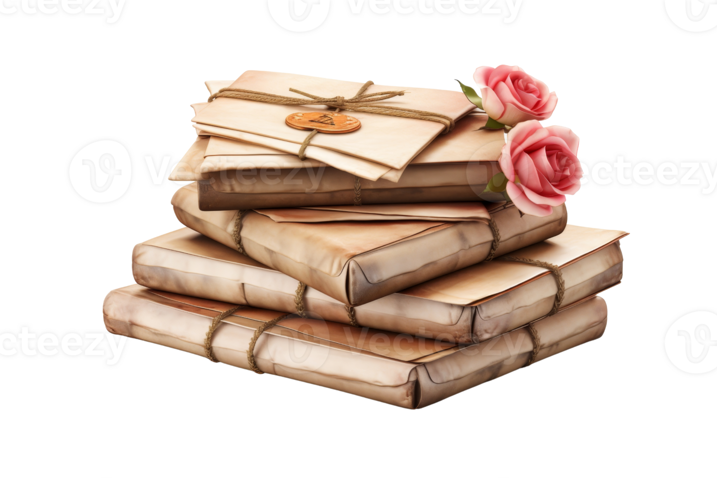 A stack of old books with a rose on top. The books are tied together with a string png