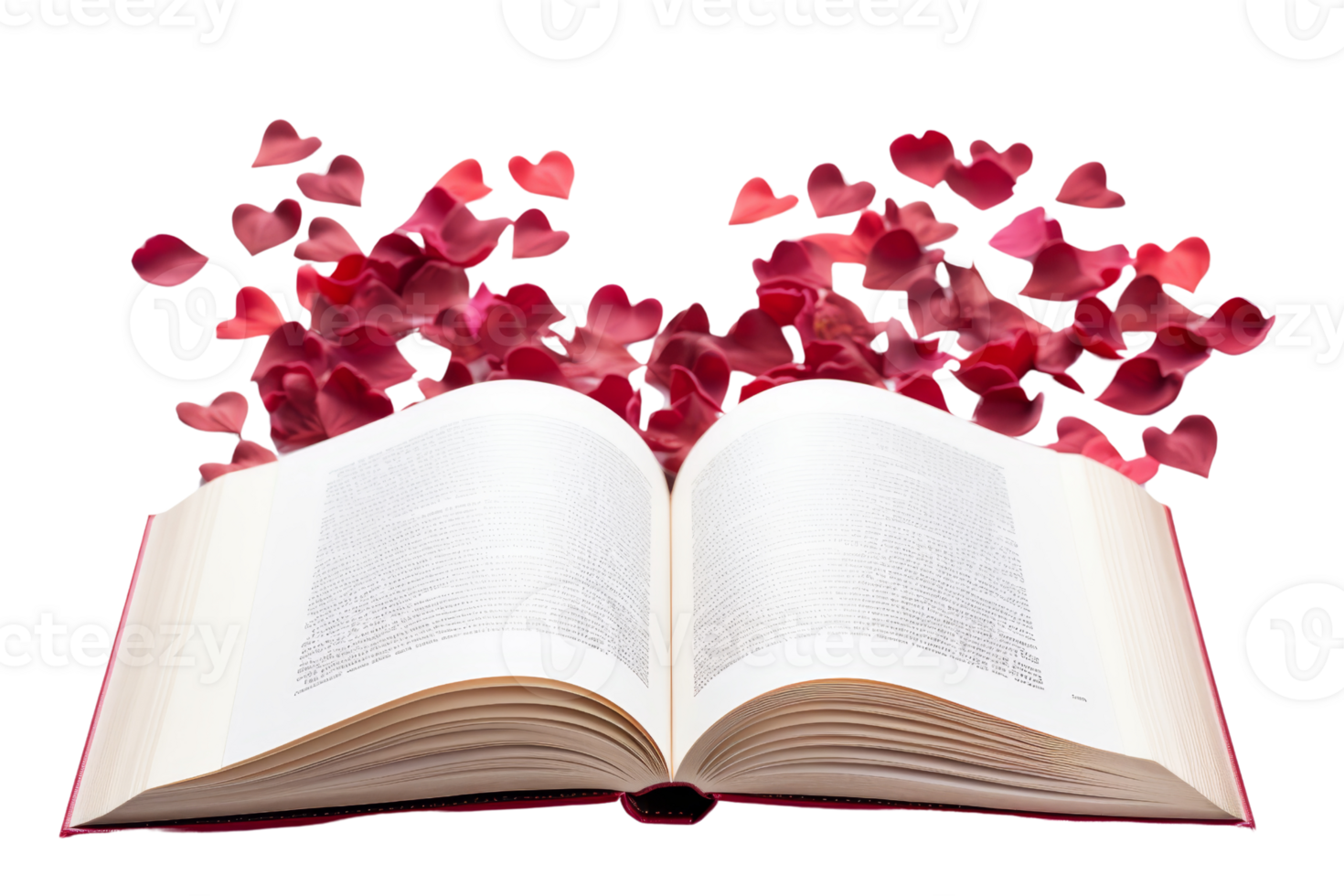 A book is open to a page with a heart on it. The page is filled with red petals, creating a romantic and whimsical atmosphere png