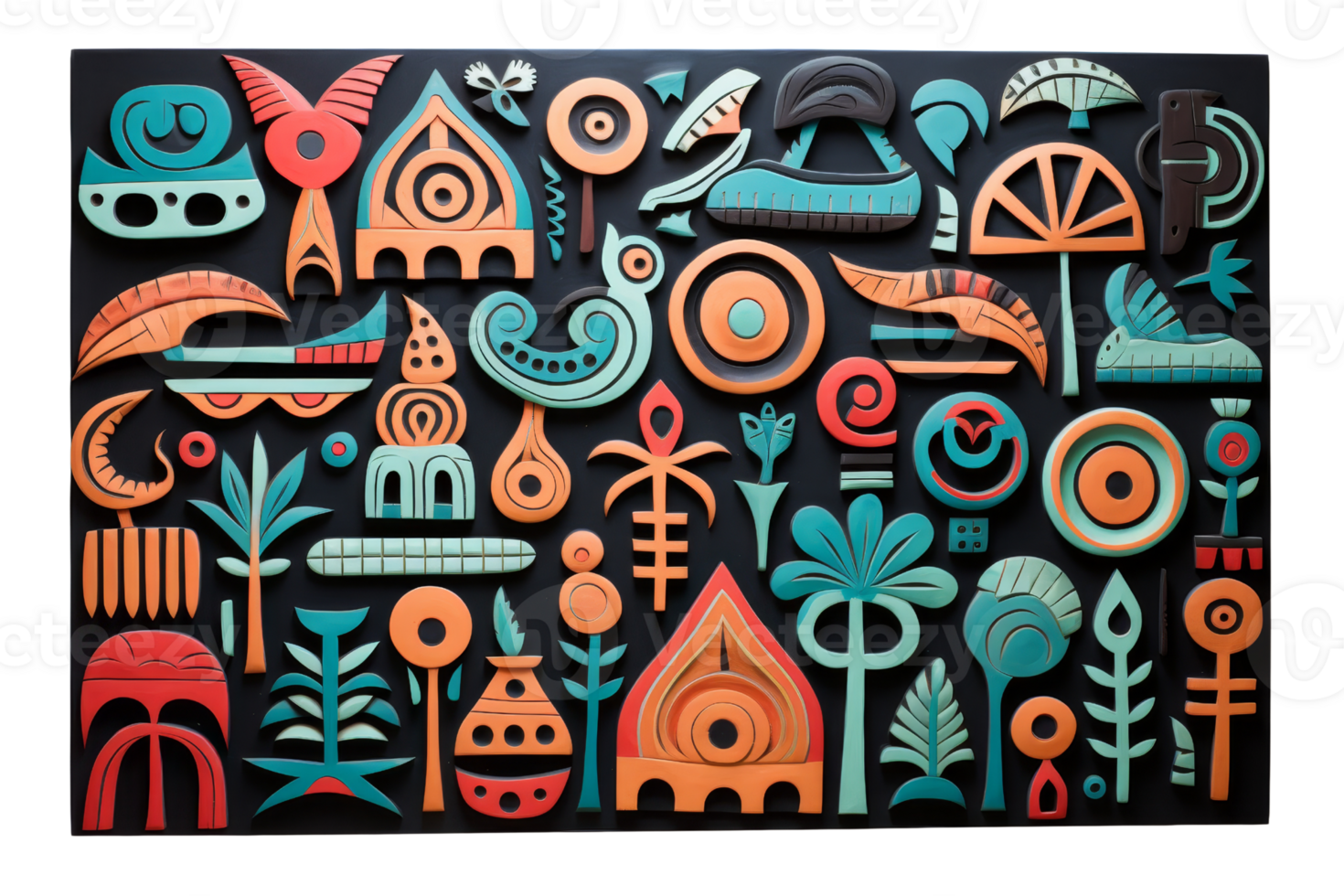 A colorful abstract painting with many different shapes and patterns. The painting is made of wood and has a lot of detail. The mood of the painting is lively and energetic, with a sense of movement png