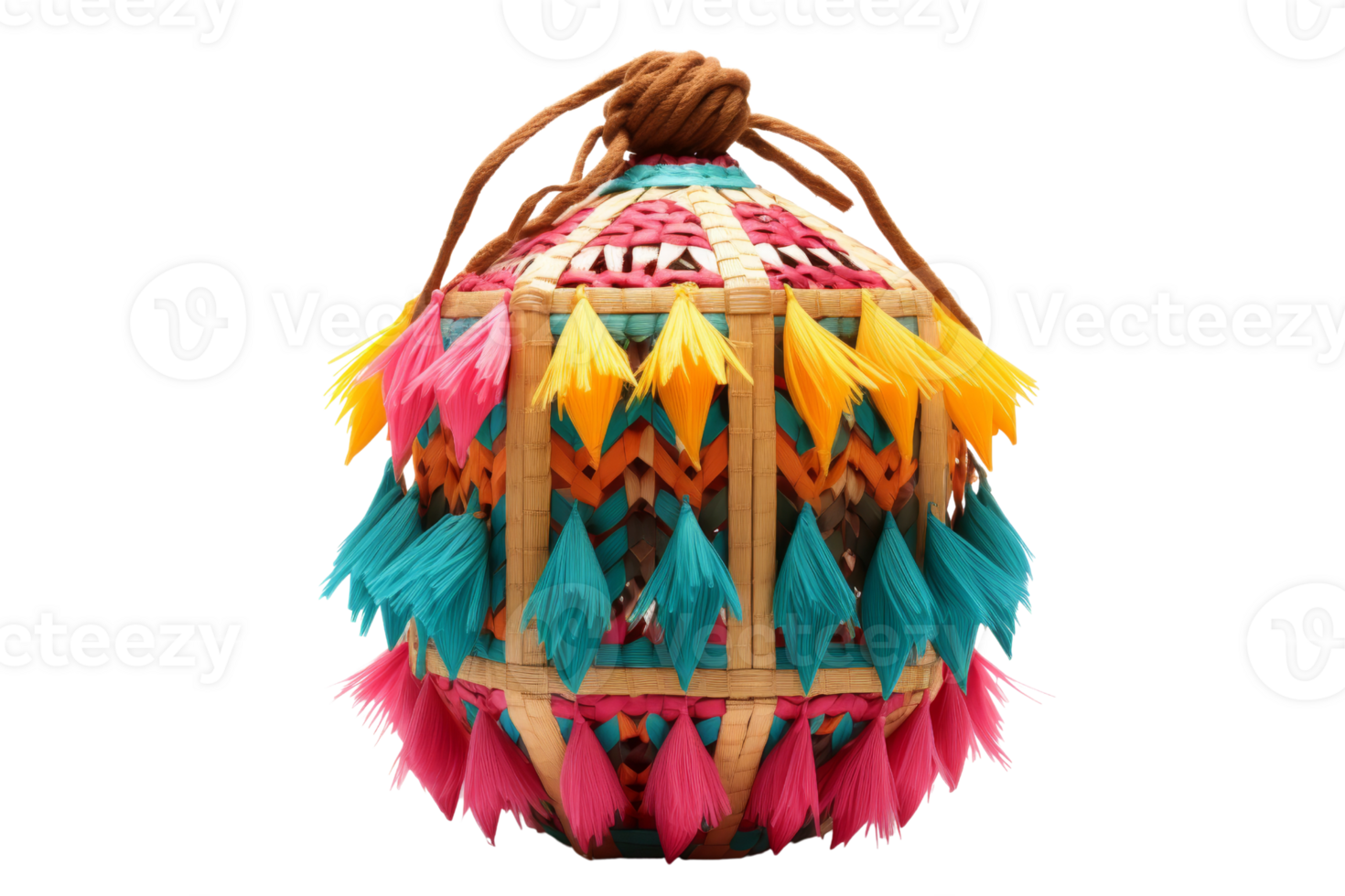 A colorful, multi-colored, and intricately designed object with a rope around it. The object is made of wood and has a tasseled design png