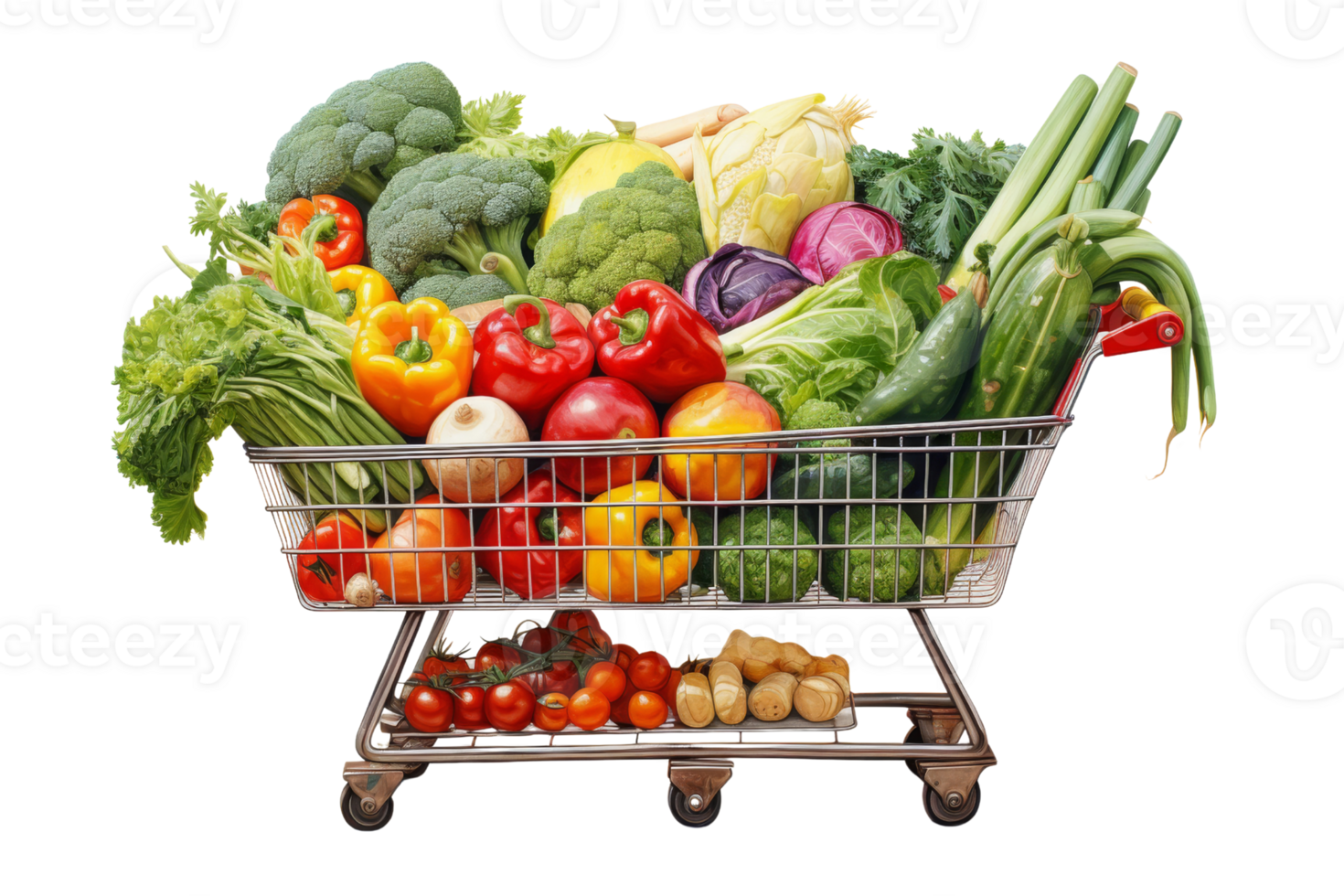 A shopping cart full of vegetables and fruits. The cart is full of a variety of vegetables and fruits, including broccoli, tomatoes, peppers, and carrots. Concept of abundance and freshness png