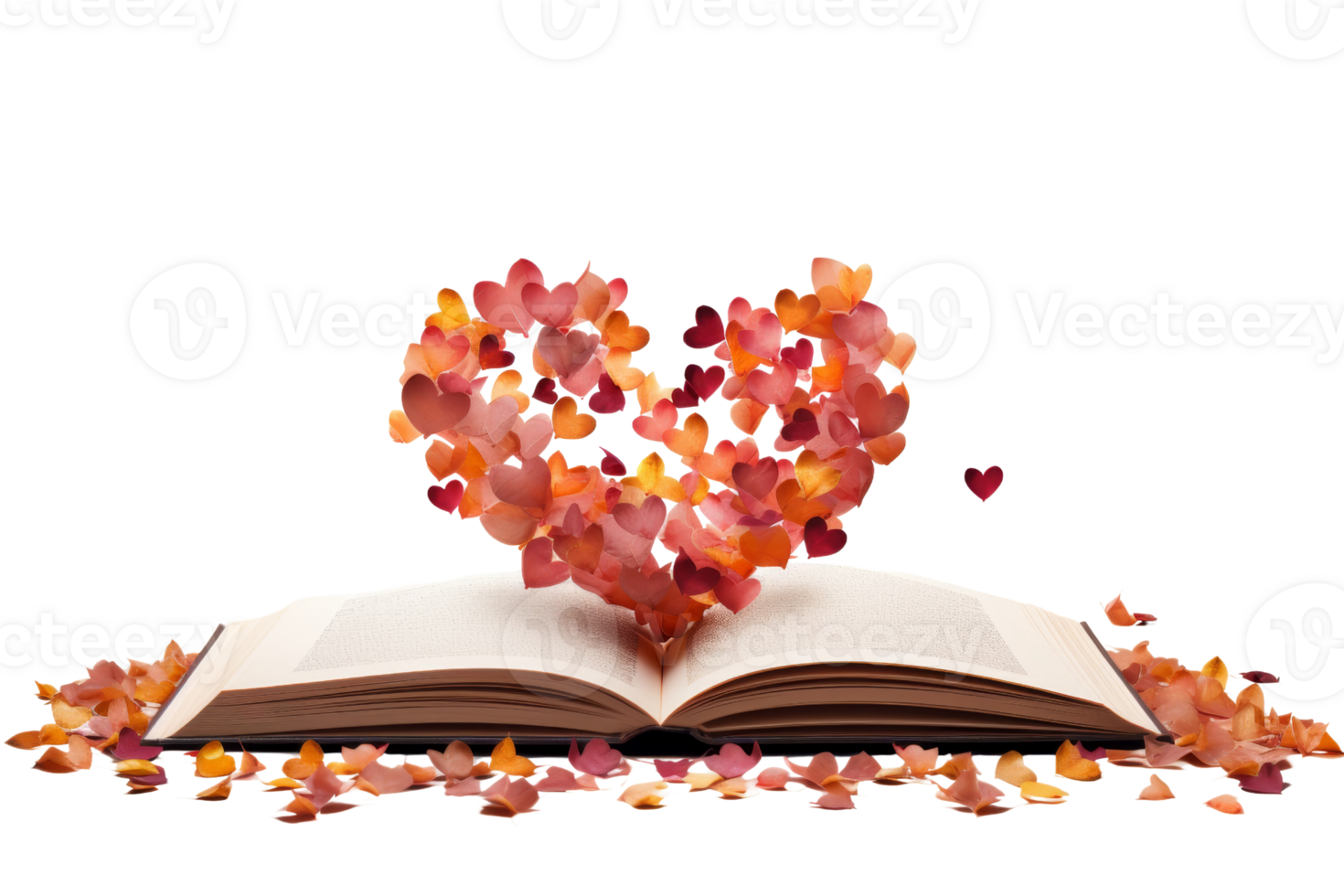 A book with a heart on the cover and a lot of leaves scattered around it. The leaves are orange and red, and they seem to be falling from the book png