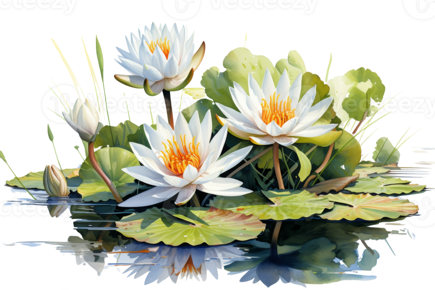 A painting of three white flowers with yellow centers. The flowers are surrounded by green leaves and are floating on water. The painting has a serene and peaceful mood, with the flowers png